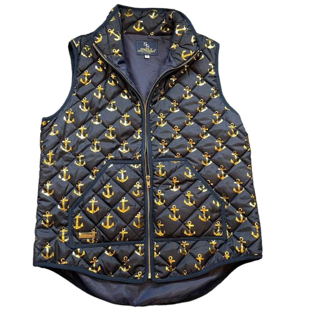 Simply Southern Quilted Full Zip Vest Navy With Metallic Gold Anchors Size Large